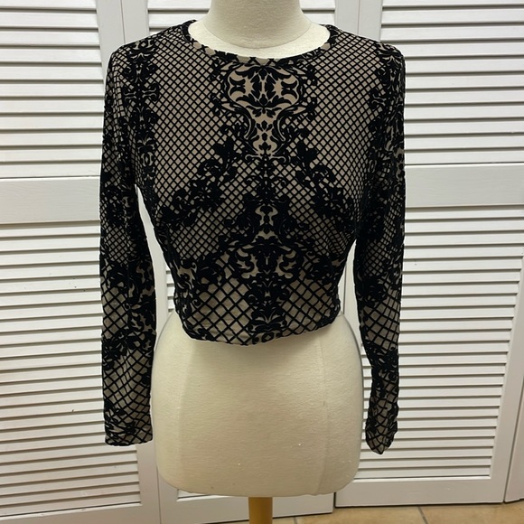 privy Tops - Privy Long Sleeve Sheer and Black Velvet Crop Top Size L